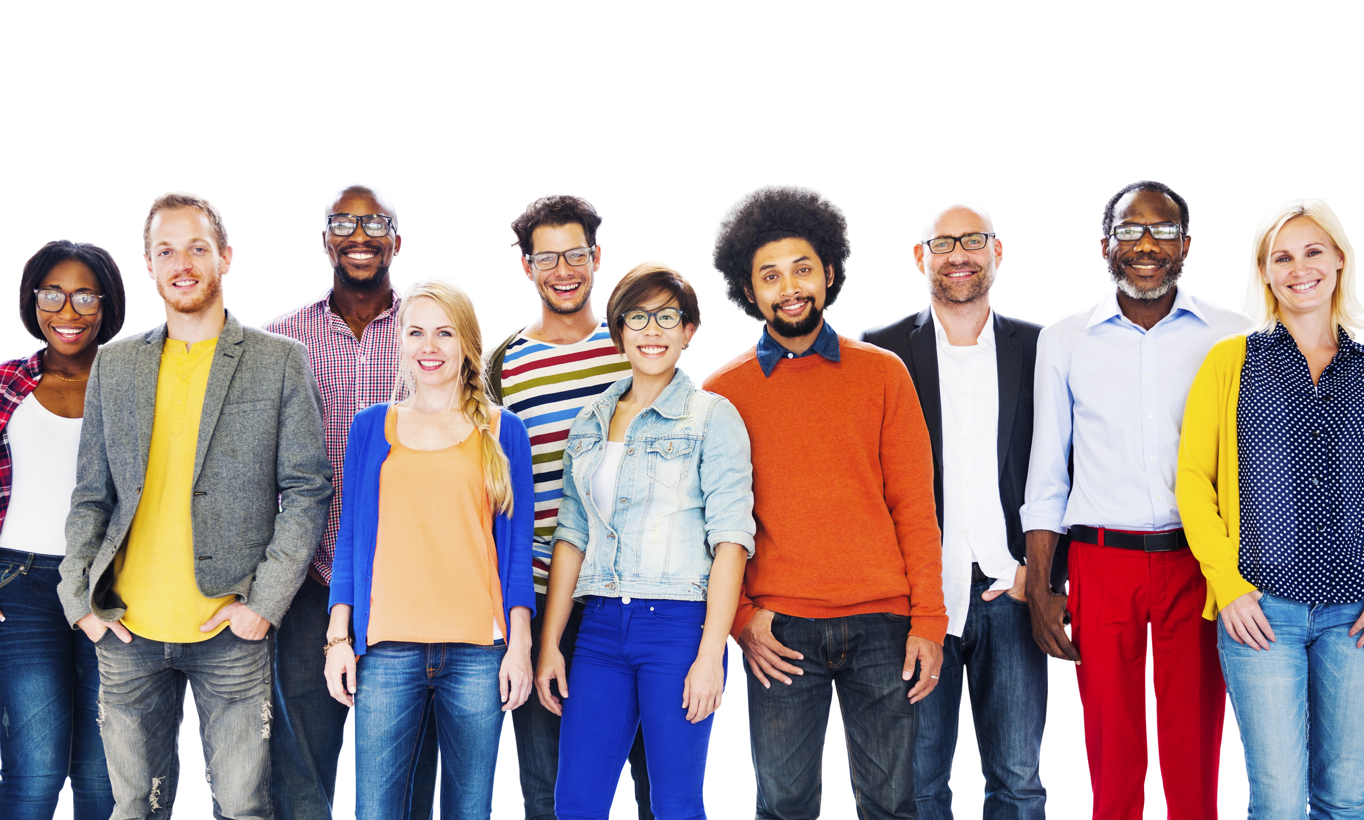 A group of people of different sexes, race, and identity standing side by side